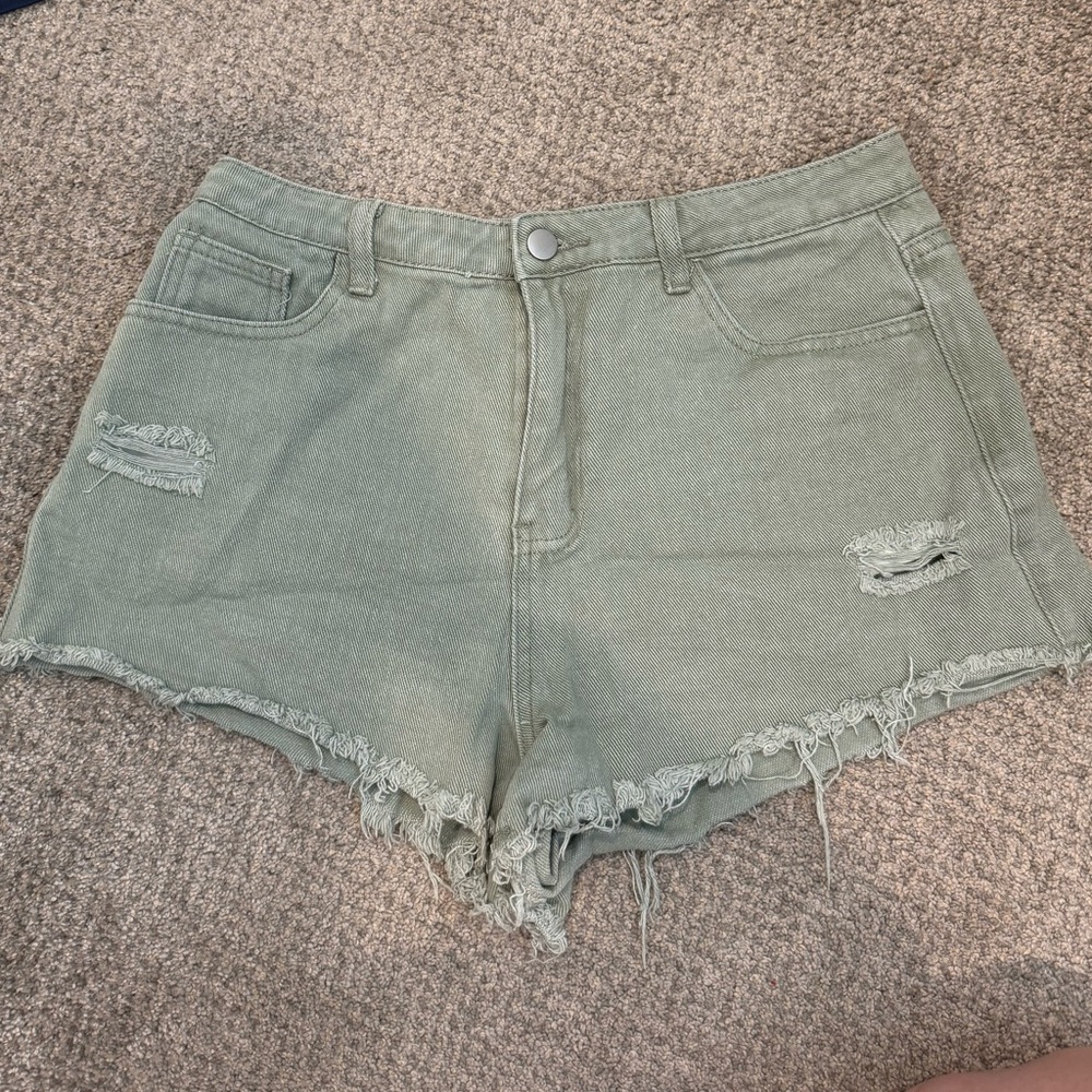 Distressed Green Jean Shorts